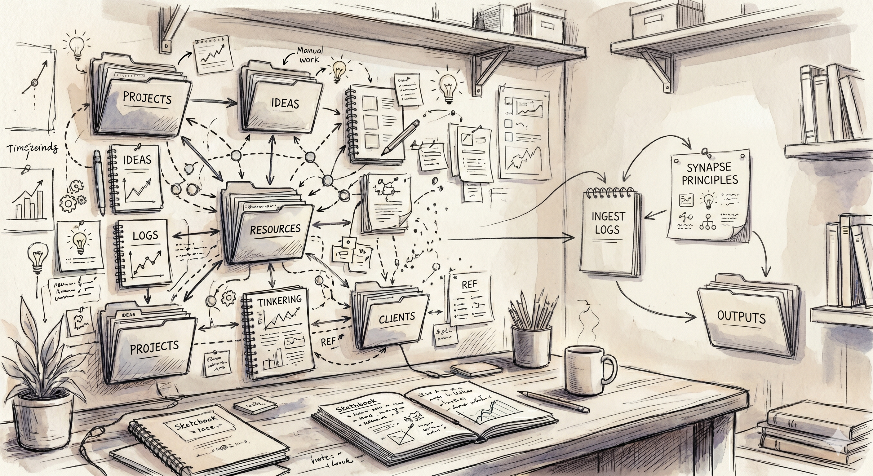 an AI generated image in the style of a sketch with a structured diagram of document folders on the wall above a desk. 